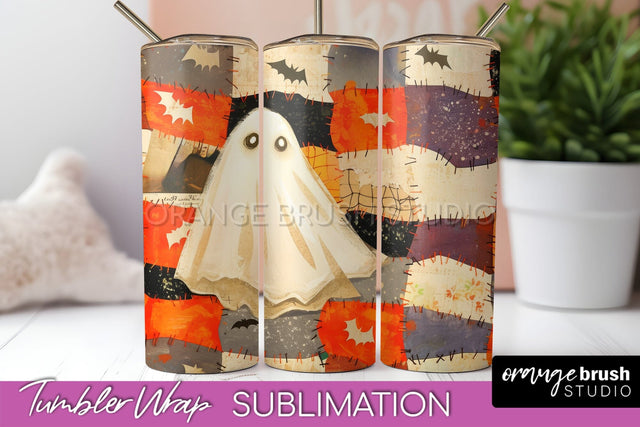 Patchwork Halloween Tumbler Wrap - Ghost Tumbler Sublimation Sublimation OrangeBrushStudio 