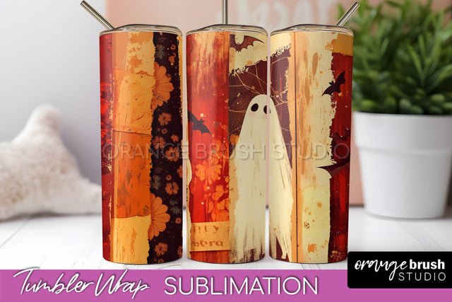 Patchwork Halloween Tumbler Wrap - Ghost Tumbler Sublimation Sublimation OrangeBrushStudio 