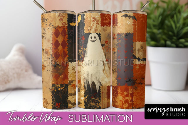 Patchwork Halloween Tumbler Wrap - Ghost Tumbler Sublimation Sublimation OrangeBrushStudio 