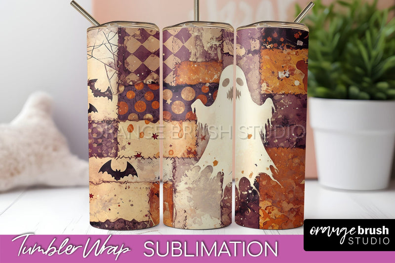 Patchwork Halloween Tumbler Wrap - Ghost Tumbler Sublimation Sublimation OrangeBrushStudio 