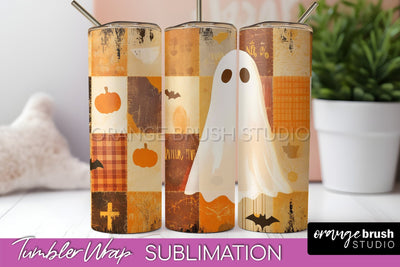 Patchwork Halloween Tumbler Wrap - Ghost Tumbler Sublimation Sublimation OrangeBrushStudio 