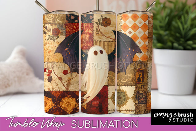 Patchwork Halloween Tumbler Wrap - Ghost Tumbler Sublimation Sublimation OrangeBrushStudio 