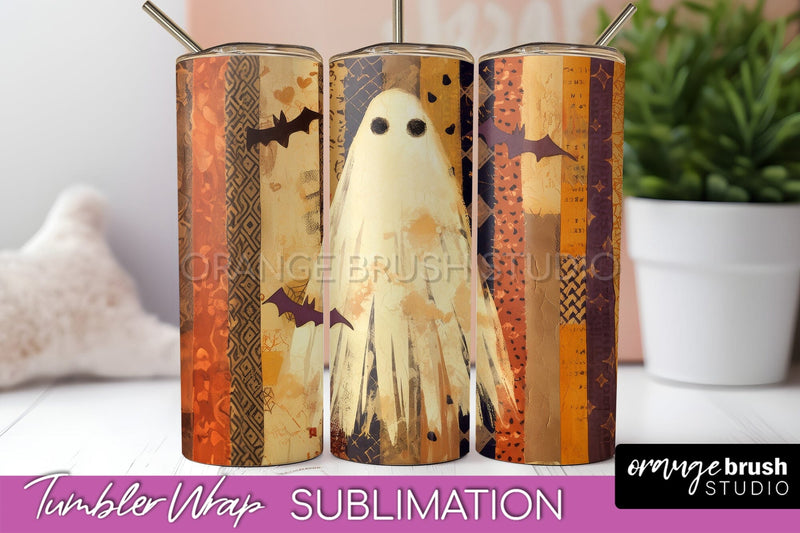 Patchwork Halloween Tumbler Wrap - Ghost Tumbler Sublimation Sublimation OrangeBrushStudio 