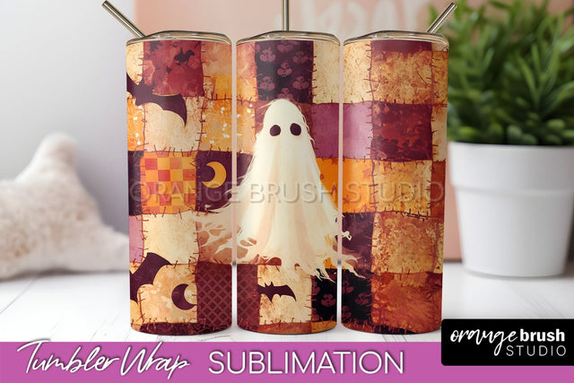 Patchwork Halloween Tumbler Wrap - Ghost Tumbler Sublimation Sublimation OrangeBrushStudio 