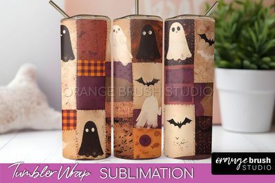 Patchwork Halloween Tumbler Wrap - Ghost Tumbler Sublimation Sublimation OrangeBrushStudio 