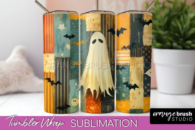 Patchwork Halloween Tumbler Wrap - Ghost Tumbler Sublimation Sublimation OrangeBrushStudio 