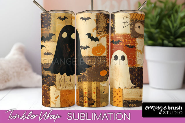 Patchwork Halloween Tumbler Wrap - Ghost Tumbler Sublimation Sublimation OrangeBrushStudio 