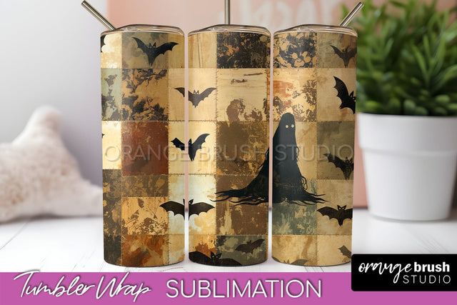 Patchwork Halloween Tumbler Wrap - Ghost Tumbler Sublimation Sublimation OrangeBrushStudio 