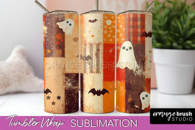 Patchwork Halloween Tumbler Wrap - Ghost Tumbler Sublimation Sublimation OrangeBrushStudio 