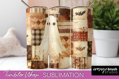 Patchwork Halloween Tumbler Wrap - Ghost Tumbler Sublimation Sublimation OrangeBrushStudio 
