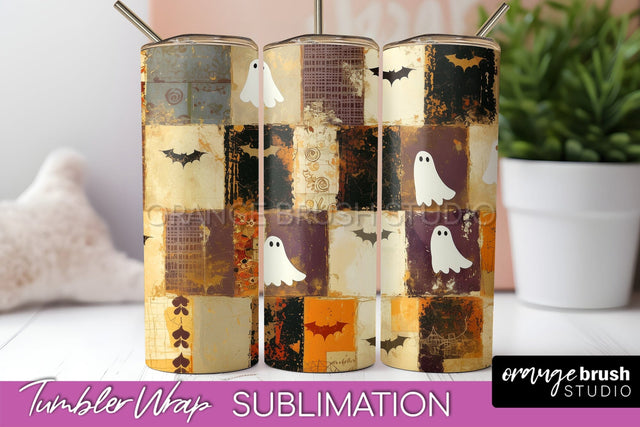 Patchwork Halloween Tumbler Wrap - Ghost Tumbler Sublimation Sublimation OrangeBrushStudio 