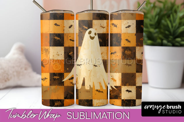 Patchwork Halloween Tumbler Wrap - Ghost Tumbler Sublimation Sublimation OrangeBrushStudio 