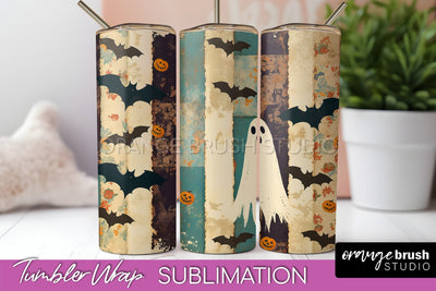 Patchwork Halloween Tumbler Wrap - Ghost Tumbler Sublimation Sublimation OrangeBrushStudio 
