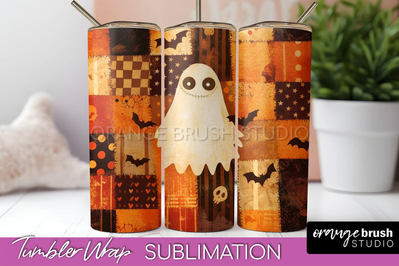 Patchwork Halloween Tumbler Wrap - Ghost Tumbler Sublimation Sublimation OrangeBrushStudio 