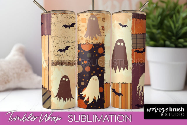 Patchwork Halloween Tumbler Wrap - Ghost Tumbler Sublimation Sublimation OrangeBrushStudio 