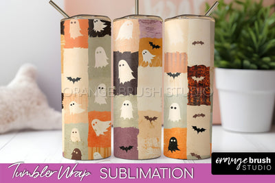 Patchwork Halloween Tumbler Wrap - Ghost Tumbler Sublimation Sublimation OrangeBrushStudio 
