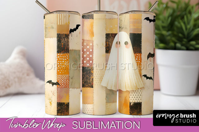 Patchwork Halloween Tumbler Wrap - Ghost Tumbler Sublimation Sublimation OrangeBrushStudio 