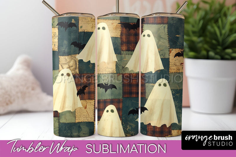 Patchwork Halloween Tumbler Wrap - Ghost Tumbler Sublimation Sublimation OrangeBrushStudio 