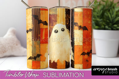 Patchwork Halloween Tumbler Wrap - Ghost Tumbler Sublimation Sublimation OrangeBrushStudio 