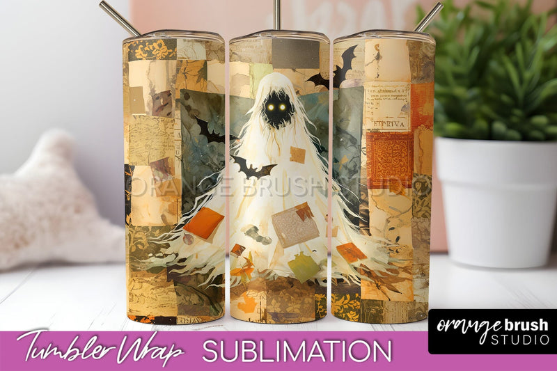 Patchwork Halloween Tumbler Wrap - Ghost Tumbler Sublimation Sublimation OrangeBrushStudio 