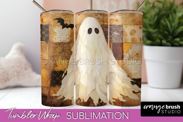 Patchwork Halloween Tumbler Wrap - Ghost Tumbler Sublimation Sublimation OrangeBrushStudio 
