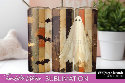 Patchwork Halloween Tumbler Wrap - Ghost Tumbler Sublimation Sublimation OrangeBrushStudio 