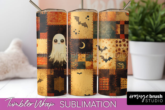 Patchwork Halloween Tumbler Wrap - Ghost Tumbler Sublimation Sublimation OrangeBrushStudio 