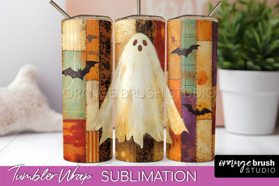 Patchwork Halloween Tumbler Wrap - Ghost Tumbler Sublimation Sublimation OrangeBrushStudio 