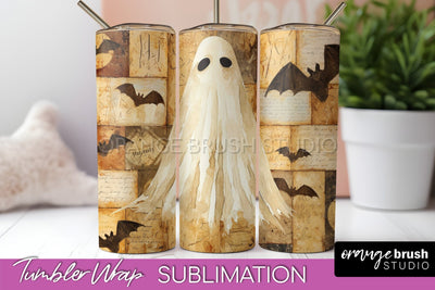 Patchwork Halloween Tumbler Wrap - Ghost Tumbler Sublimation Sublimation OrangeBrushStudio 
