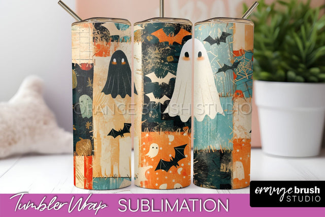 Patchwork Halloween Tumbler Wrap - Ghost Tumbler Sublimation Sublimation OrangeBrushStudio 