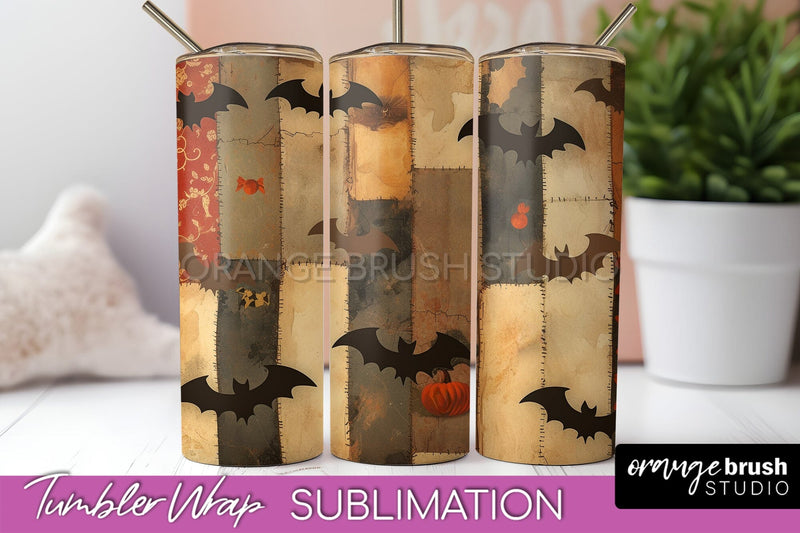 Patchwork Halloween Tumbler Wrap - Ghost Tumbler Sublimation Sublimation OrangeBrushStudio 