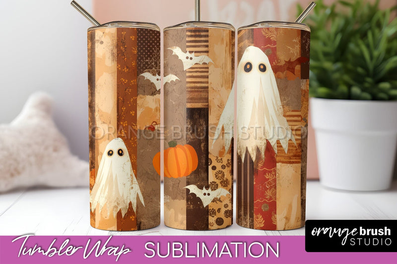 Patchwork Halloween Tumbler Wrap - Ghost Tumbler Sublimation Sublimation OrangeBrushStudio 