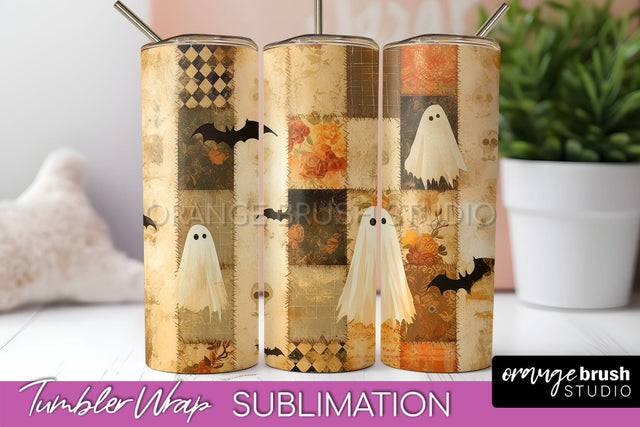 Patchwork Halloween Tumbler Wrap - Ghost Tumbler Sublimation Sublimation OrangeBrushStudio 