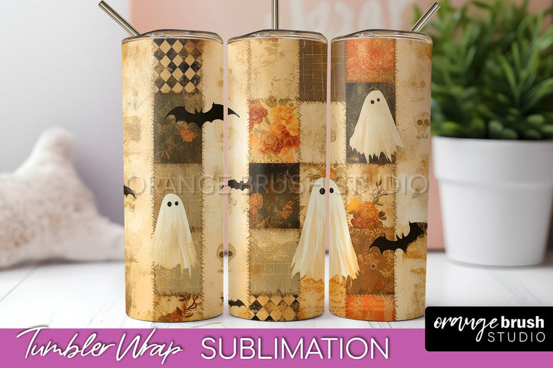 Patchwork Halloween Tumbler Wrap - Ghost Tumbler Sublimation Sublimation OrangeBrushStudio 