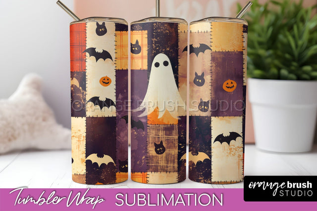 Patchwork Halloween Tumbler Wrap - Ghost Tumbler Sublimation Sublimation OrangeBrushStudio 