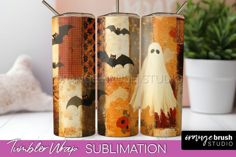 Patchwork Halloween Tumbler Wrap - Ghost Tumbler Sublimation Sublimation OrangeBrushStudio 