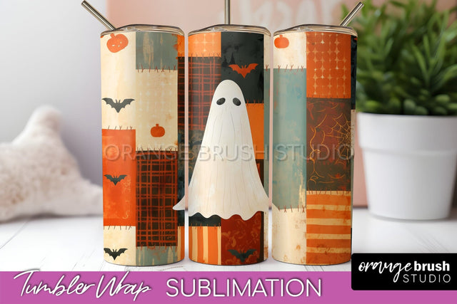 Patchwork Halloween Tumbler Wrap - Ghost Tumbler Sublimation Sublimation OrangeBrushStudio 