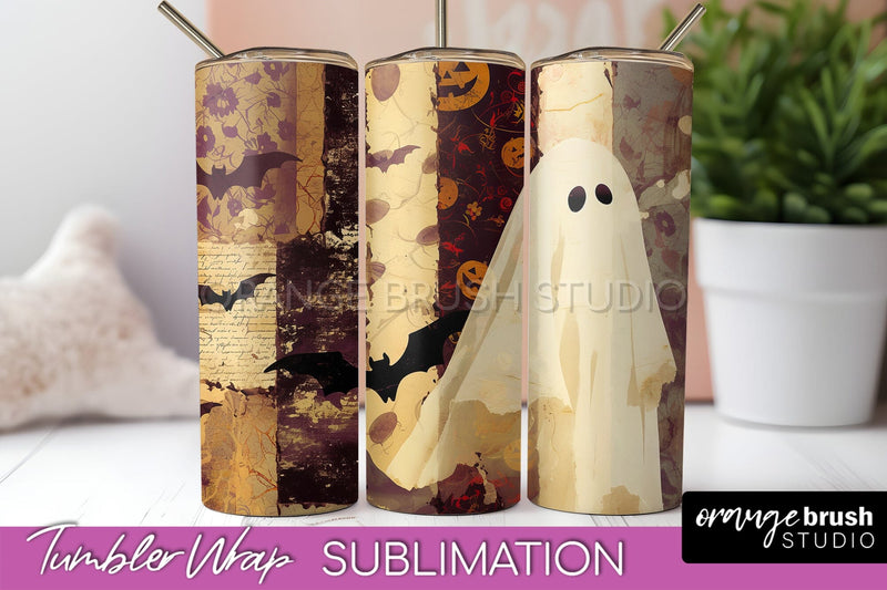 Patchwork Halloween Tumbler Wrap - Ghost Tumbler Sublimation Sublimation OrangeBrushStudio 