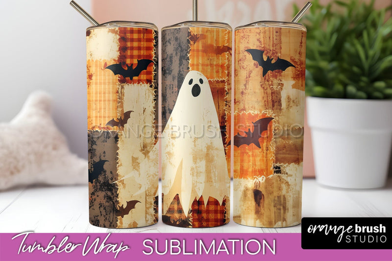 Patchwork Halloween Tumbler Wrap - Ghost Tumbler Sublimation Sublimation OrangeBrushStudio 