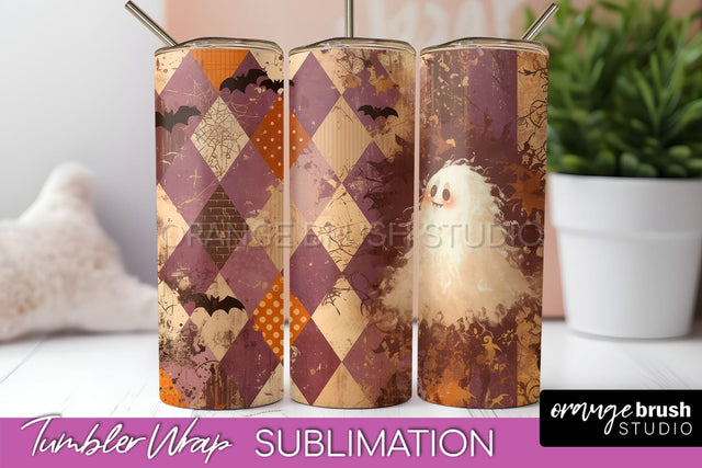 Patchwork Halloween Tumbler Wrap - Ghost Tumbler Sublimation Sublimation OrangeBrushStudio 