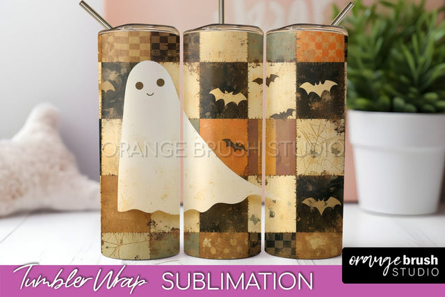 Patchwork Halloween Tumbler Wrap - Ghost Tumbler Sublimation Sublimation OrangeBrushStudio 