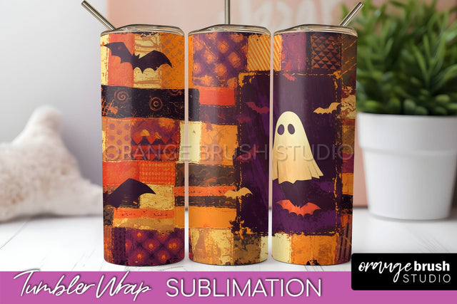 Patchwork Halloween Tumbler Wrap - Ghost Tumbler Sublimation Sublimation OrangeBrushStudio 