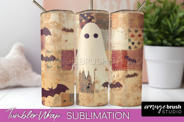 Patchwork Halloween Tumbler Wrap - Ghost Tumbler Sublimation Sublimation OrangeBrushStudio 