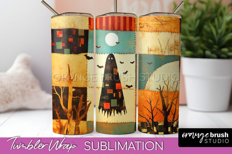 Patchwork Halloween Tumbler Wrap - Ghost Tumbler Sublimation Sublimation OrangeBrushStudio 