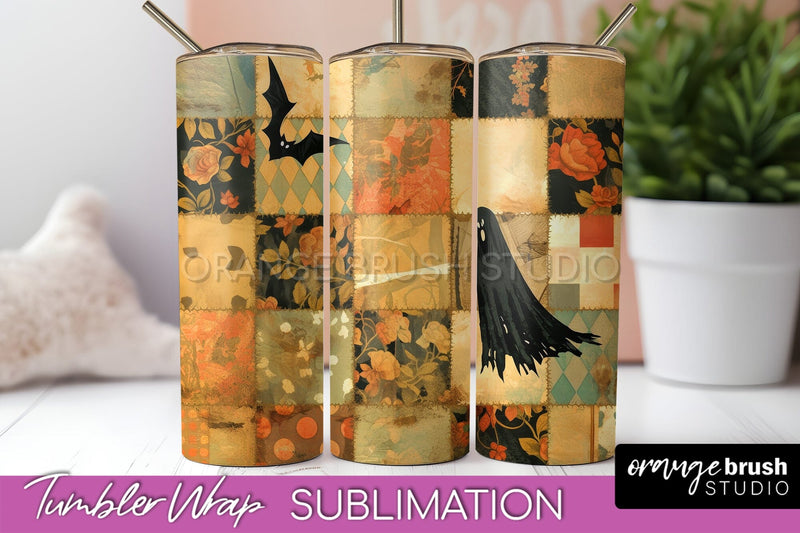 Patchwork Halloween Tumbler Wrap - Ghost Tumbler Sublimation Sublimation OrangeBrushStudio 