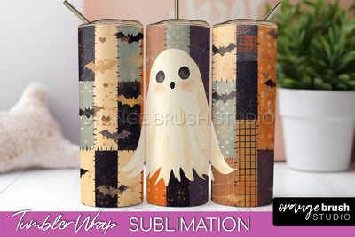 Patchwork Halloween Tumbler Wrap - Ghost Tumbler Sublimation Sublimation OrangeBrushStudio 