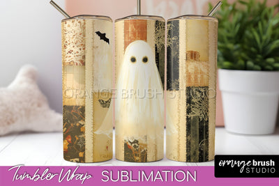 Patchwork Halloween Tumbler Wrap - Ghost Tumbler Sublimation Sublimation OrangeBrushStudio 