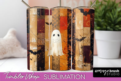 Patchwork Halloween Tumbler Wrap - Ghost Tumbler Sublimation Sublimation OrangeBrushStudio 