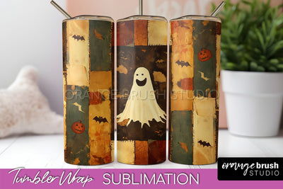 Patchwork Halloween Tumbler Wrap - Ghost Tumbler Sublimation Sublimation OrangeBrushStudio 