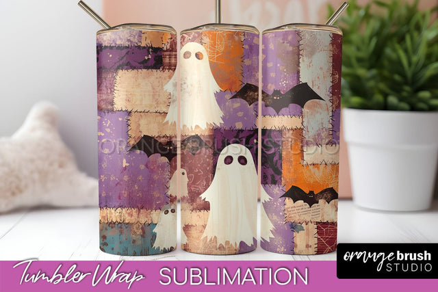 Patchwork Halloween Tumbler Wrap - Ghost Tumbler Sublimation Sublimation OrangeBrushStudio 